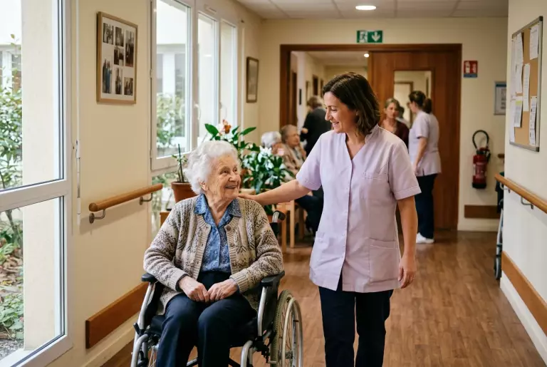 Résidente en fauteuil roulant accompagnée par une aide-soignante dans un couloir d’EHPAD