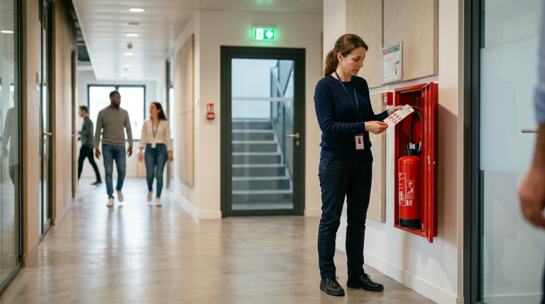 Vérification d’un extincteur dans un couloir d’entreprise