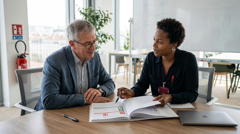 Dirigeant et consultante prévention relisant le registre de sécurité