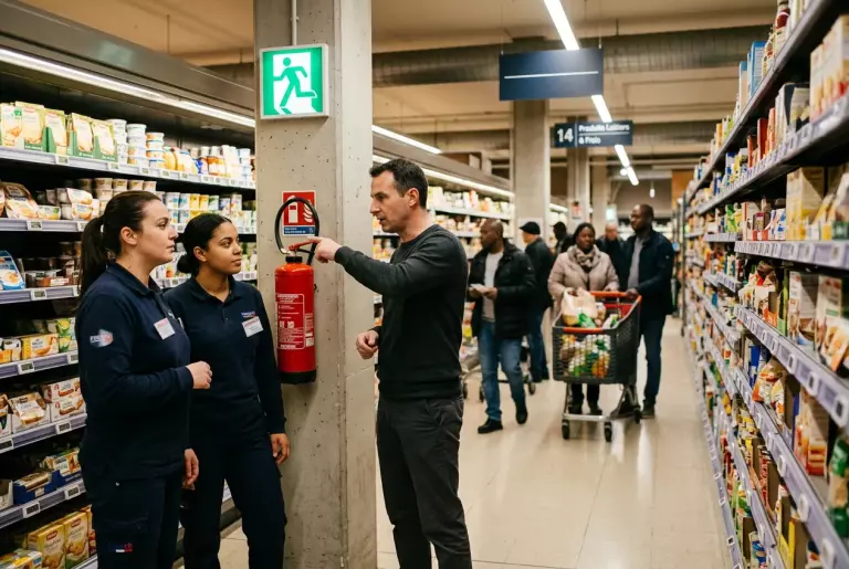 Formateur montrant un extincteur à deux employées dans un rayon de supermarché
